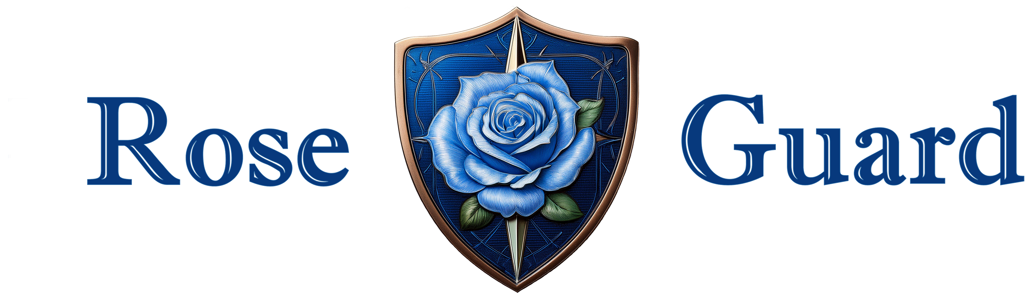 The text "Rose Guard" separated by the Rose Guard Logo, a blue shield emblazoned with a golden compass hidden underneath a blue rose.