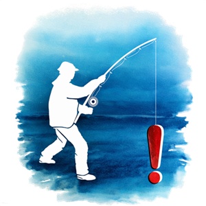 An image of a person fishing using a large red exclamation point as bait, to demonstrate how phishing e-mails use urgency to entice reactions.